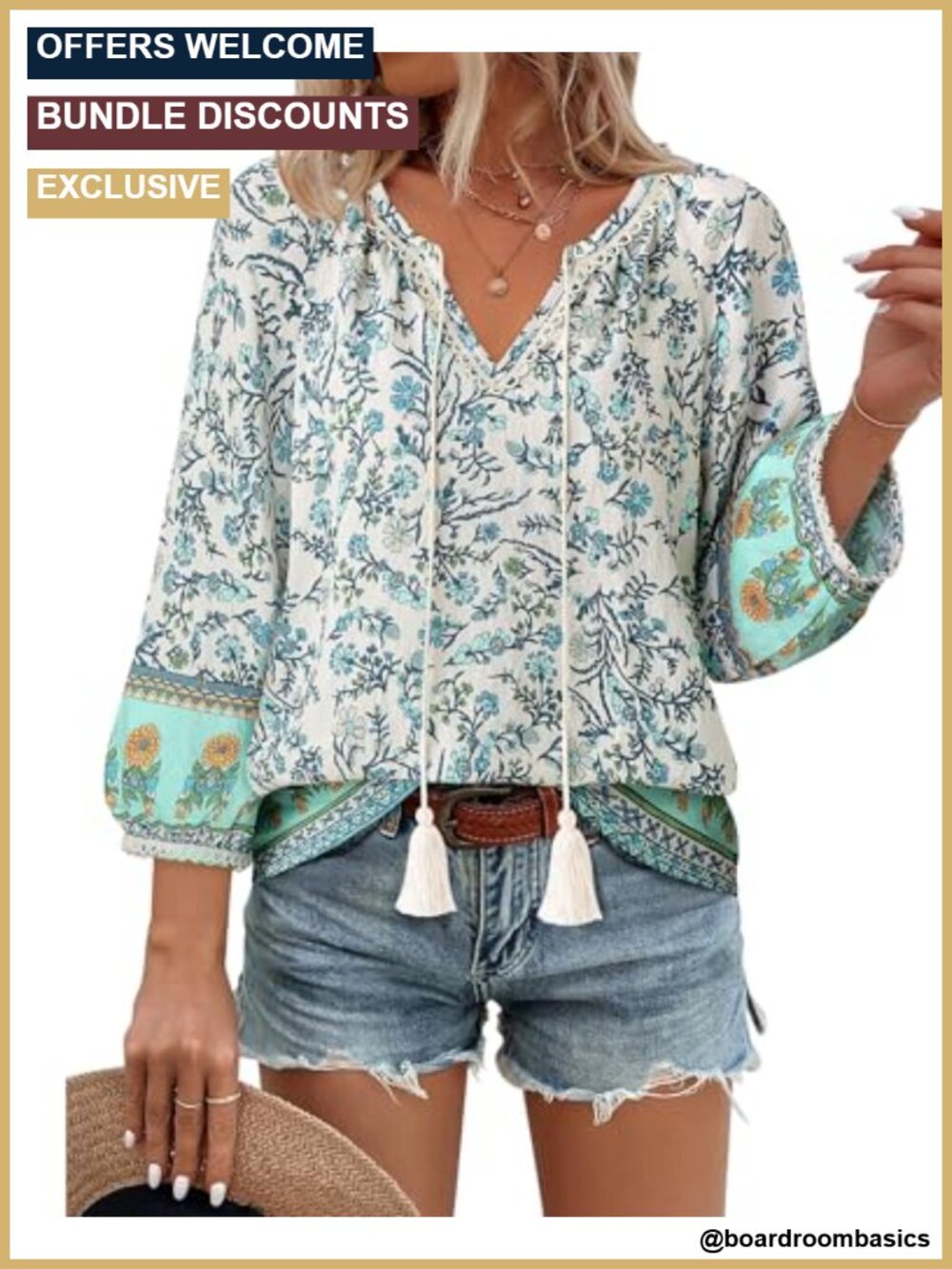 Boho Floral V Neck 3/4 Sleeve Blouse Tie Front Flowy Vacation Top